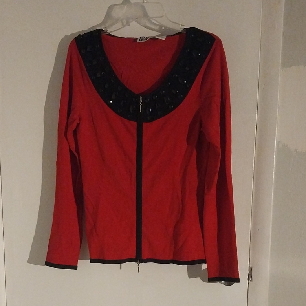 Chic Red and Black Long Sleeve Sweater With Zipper
